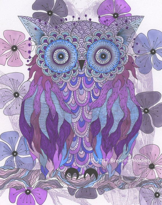 Items similar to Whimsical Owl Painting Illustration Archival Print 8 X ...