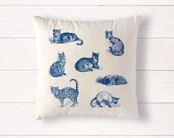 Cats in French Blue pillow, 100% natural cotton throw cushion, cat decor, cat gift, 15"x15"