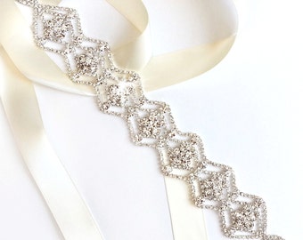 Sash - Scalloped Rhinestone Wedding Dress Sash - Silver Rhinestone Encrusted Bridal Belt Sash - Crystal Wide Wedding Belt - Long