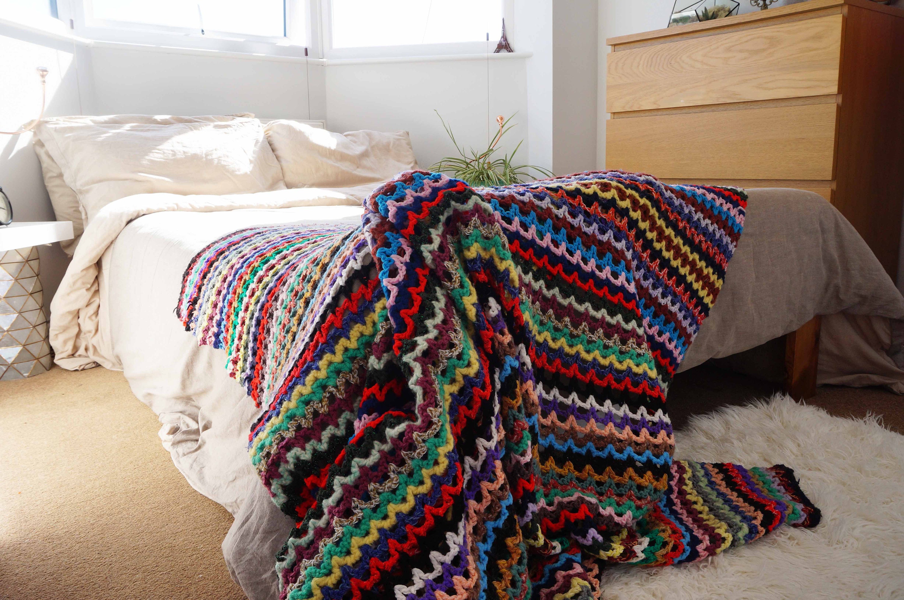 Vintage Hand Crochet Blanket Large Multicoloured 80s Crochet