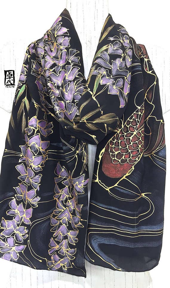 Silk Scarf Handpainted Japanese Silk Scarf Metallic scarf