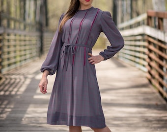 Vintage Sheer Charcoal Gray Grid Line Dress (Size Medium)