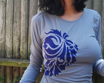 Graphic tee for women, small, womans tops tshirts, silkscreen womens t-shirt, womens tees, tops & tees - gray long sleeve, paisley design
