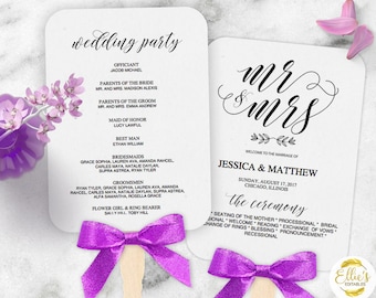 Wedding Fans, Printable Wedding Fan Program Template, Fan Wedding Program, Editable text, Modern Calligraphy, Mr Mrs, 004