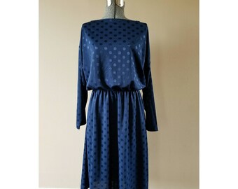 80's Vintage Roaman's navy blue polka dot boatneck dress