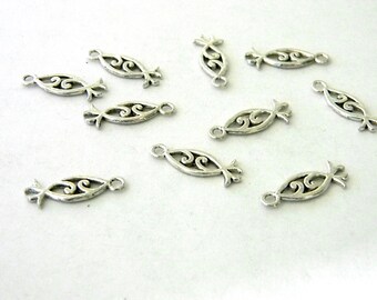Pretty Jesus Fish Symbol Charms Set of 10 Silver Color 20x8mm Double Sided