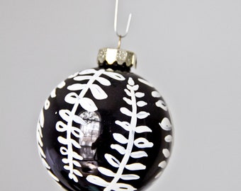 White Ferns on Black Christmas Ornament // Hand Painted