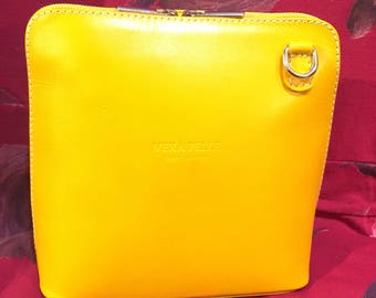 Small Leather Yellow Zip Shoulder Crossbody Handbag Made In Italy