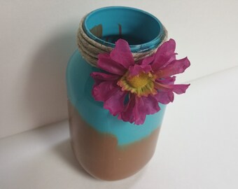 painted mason jar decoration, shabby chic, Mason jar decor, blue and brown