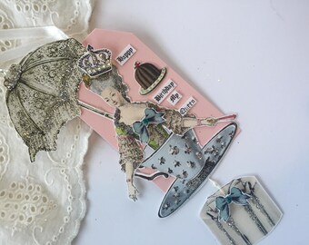 Marie Antoinette Birthday Gift, Vintage Tea Cup, Assemblage Paper Tag, Mixed Media Hang Tag, Dessert Art, Victorian Art Tag