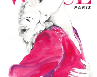 Paris Vogue Cover Art, Watercolor Vogue Art, Watercolour Fashion Illustration, Seventies Illustration, Vintage Paris Vogue 1970