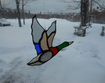 mallard flying I, stained glass suncatcher