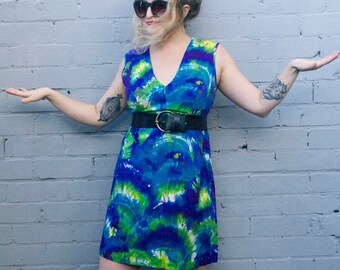 Vintage 1960s woodstock tie dye silk mini dress size AU10