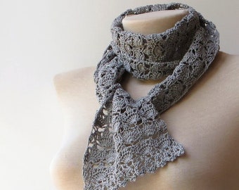 Crochet summer scarf, Gray lace scarf, Thin scarf, Women scarfs, Cotton lace scarf, Crochet scarf, Lace knit scarf, Gray lightweight scarf.