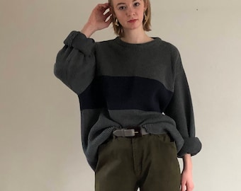 charcoal gray chunky cotton color block sweater / oversized sweater / vintage cotton slouchy sweater | L