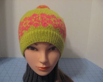 Handmade Fair Isle Ski Hat, Wool Ski Hat, Womens Winter Hat, Warm Winter Hat, Pom Pom. Lemongrass Hat with Coral Flower Fair Isle Pattern,