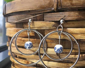 Silver Double Hoop Ball Post Earrings with Dangling Blue Flower Glass Bead