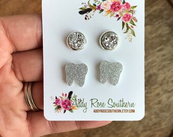Silver glitter tooth and small Druzy earrings , tooth earrings, teeth earrings, teeth jewelry, dentist, dental earrings, dental hygienists