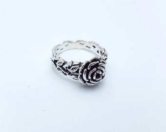 Silver Rose Ring,Delicate Rose Promise Ring,925 Sterling Silver,Black