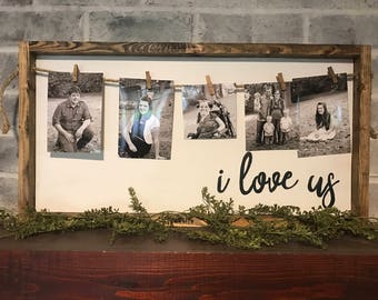 I love us photo holder, farmhouse sign, rustic sign, framed sign, picture holder, rustic photo display