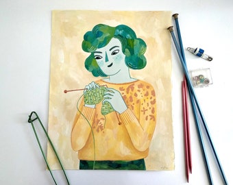 The knitter. Gouache original painting. Knitting inspired painting.