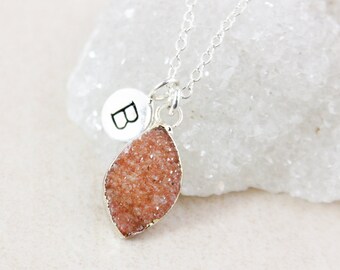 50% OFF SALE - Apricot Orange Druzy Necklace - Leaf Druzy - Monogram Necklace