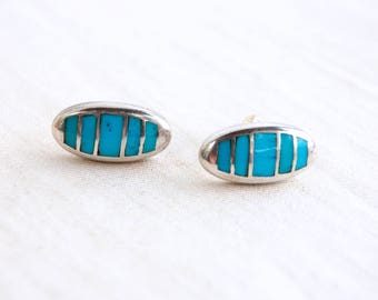 Striped Turquoise Earrings Vintage Southwest Oval Posts Studs Sterling Silver Blue Stone Pods