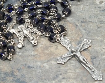 Czech Glass Rosary of Cobalt Blue Cathedral Beads, Our Lady of Grace, Marian Rosary, 5 Decade Rosary, Catholic Rosary