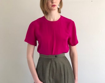 magenta silk blouse / vintage silk blouse / short sleeve silk top / silk box tee | s m