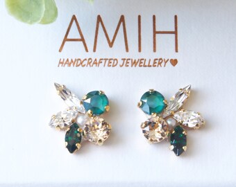 Enerald Swarovski crystal cluster earrings flower bridal jewelry wedding jewelry bridesmaid earrings gift for her party jewelry wedding