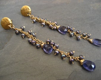 Iolite and freshwater pearl linear earrings