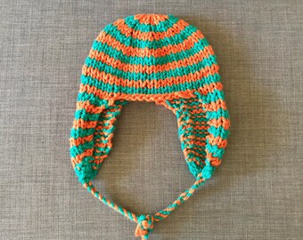 Orange and Turquoise Striped Knitted Ear Flap Hat