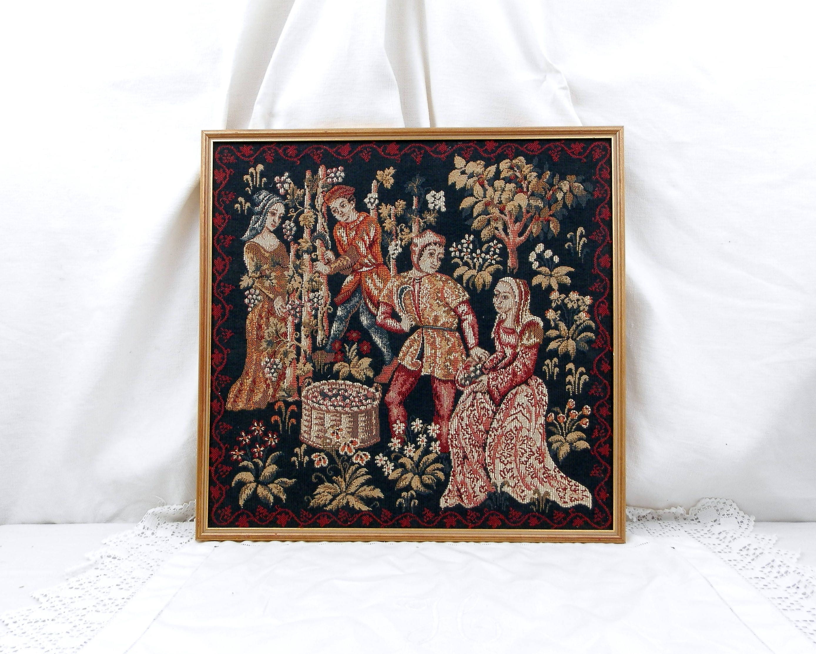 vintage french framed medieval style reproduction tapestry les vendanges medieval castle weaving decor grape harvest wall hanging france