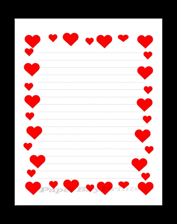 Printable Lined Paper With Heart Border, Red Hearts Design, Scrapbook 