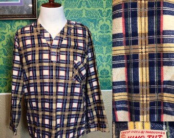 Vintage 1950s Pajama Shirt - Mens Blue Flannel PJ Top - L