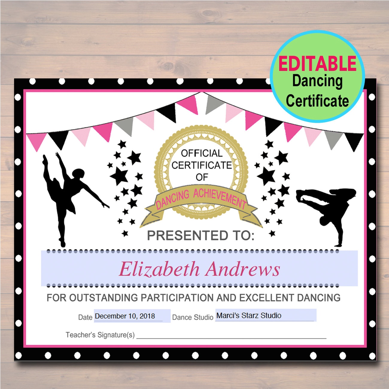 EDITABLE Dancer Certificate INSTANT DOWNLOAD Dancing Award