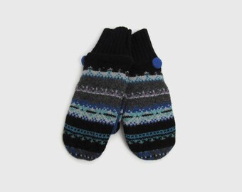 Wool Sweater Mittens // Fleece Lined Wool Mittens // Blue Gray and Black Fair Isle Felted Wool Mittens