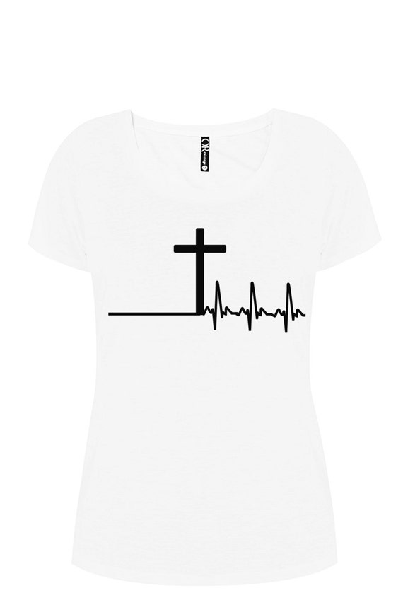 Christian clothing Ladies white t-shirt Cross and heartbeat