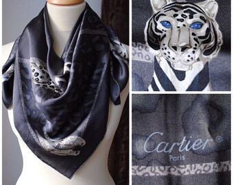 VINTAGE * CARTIER Paris Seidentuch Schal Carré * PANTHÈRE + LeOPARD * grau, schwarz, silber, blau * Seide * 100% Original