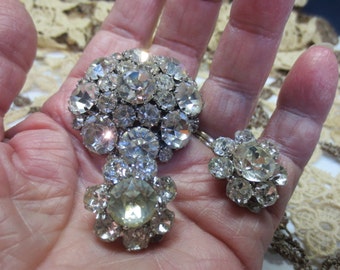 Weiss Rhinestone Earrings With Brooch Pin, Silver Tone Clip On