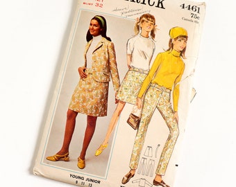 Vintage 1960s Girls Size 12T Mod Jacket A-line Skirt and Slim Pants Butterick Sewing Pattern 4461 Complete / bust 32 waist 25