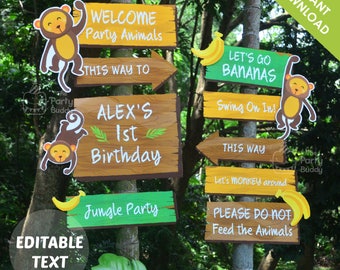 Monkey Jungle Party Welcome Sign | Text EDITABLE Yourself | Go Bananas Party Signage Birthday Decor | Digital Printable PDF Instant Download