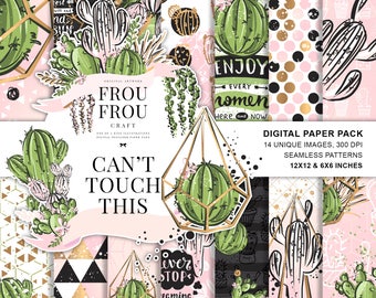 Cactus Paper Pack, Succulent Digital Paper Pack, Terrarium Botanical Planner Stickers, Designer Paper Pad, Pastel Floral Fabric, Geometric