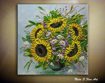 SUNFLOWER Painting, Bouquet Painting, Impasto Flower Art, Original Sunflower, Palette Knife, Colorful Painting, Large Artwork by Nata S.