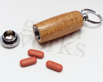 Deluxe Pill Holder Key Chain - Mesquite Wood with Chrome Accents (Gift Ready)