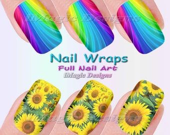 Nail Wraps, Waterslide Full Nail Decals, Stickers, Sunflower or Rainbow