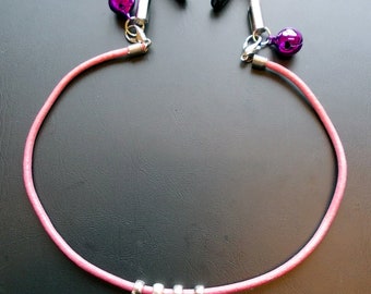 Adjustable - SLUT - nipple clamps with Pink leather, silver letters & Tibetan silver hearts or bells.