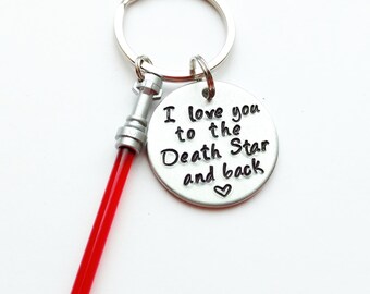 I Love You to the Death Star and Back Hand Stamped 1" Aluminum Keychain, Star Wars Keychain Force Lightsaber Keychain Husband valentine's