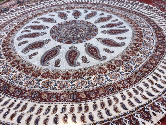 Extra large 82 inches round tablecloth , Handcrafted mandala cotton tapestry, Paisley Block Printed with Natural dyes and tassels