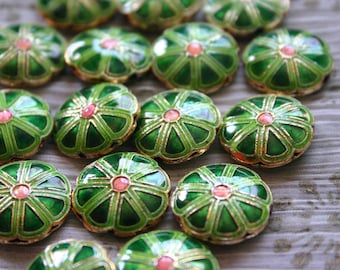 SALE Green smiling flowers - Floral Cloisonne beads (2)